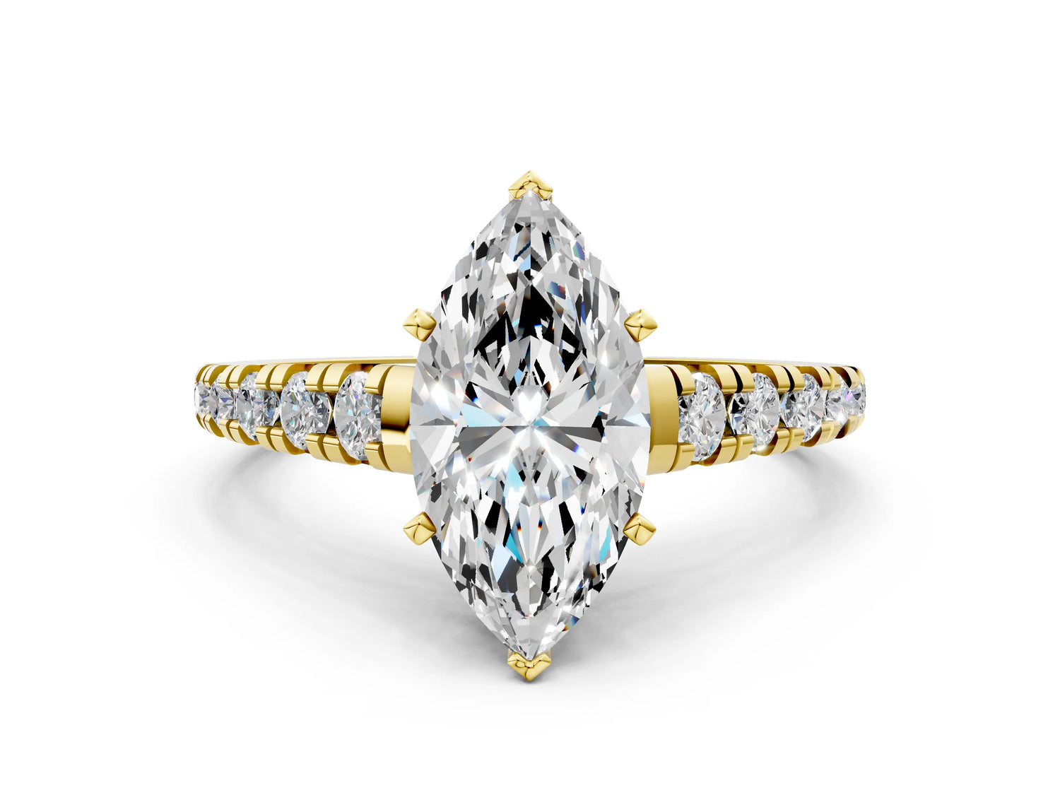 Marquise Cut Diamond Vintage Scroll Solitaire Ring in Yellow gold with Graduated Round Side Stones_24
