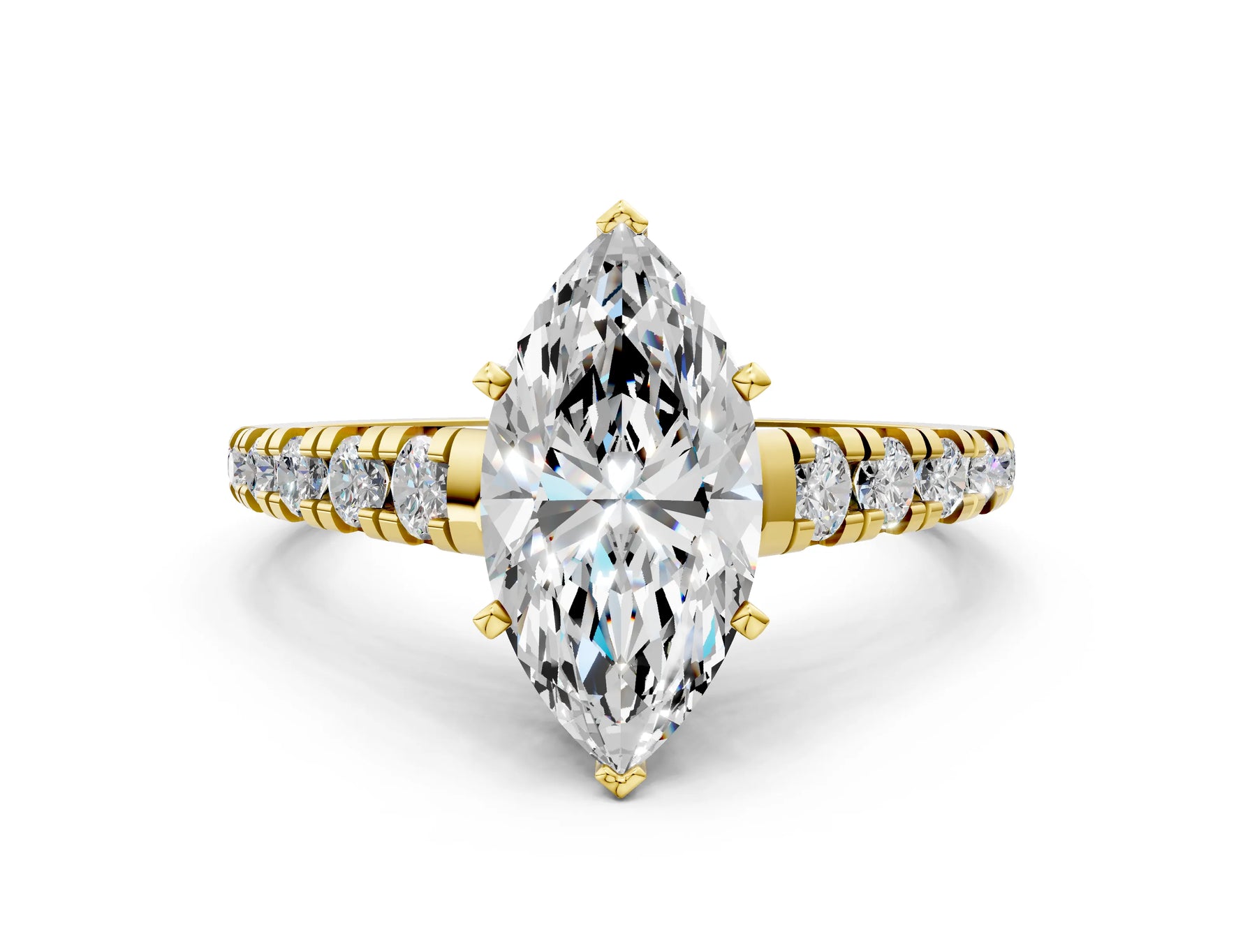 Marquise Cut Diamond Vintage Scroll Solitaire Ring in Yellow gold with Graduated Round Side Stones_24
