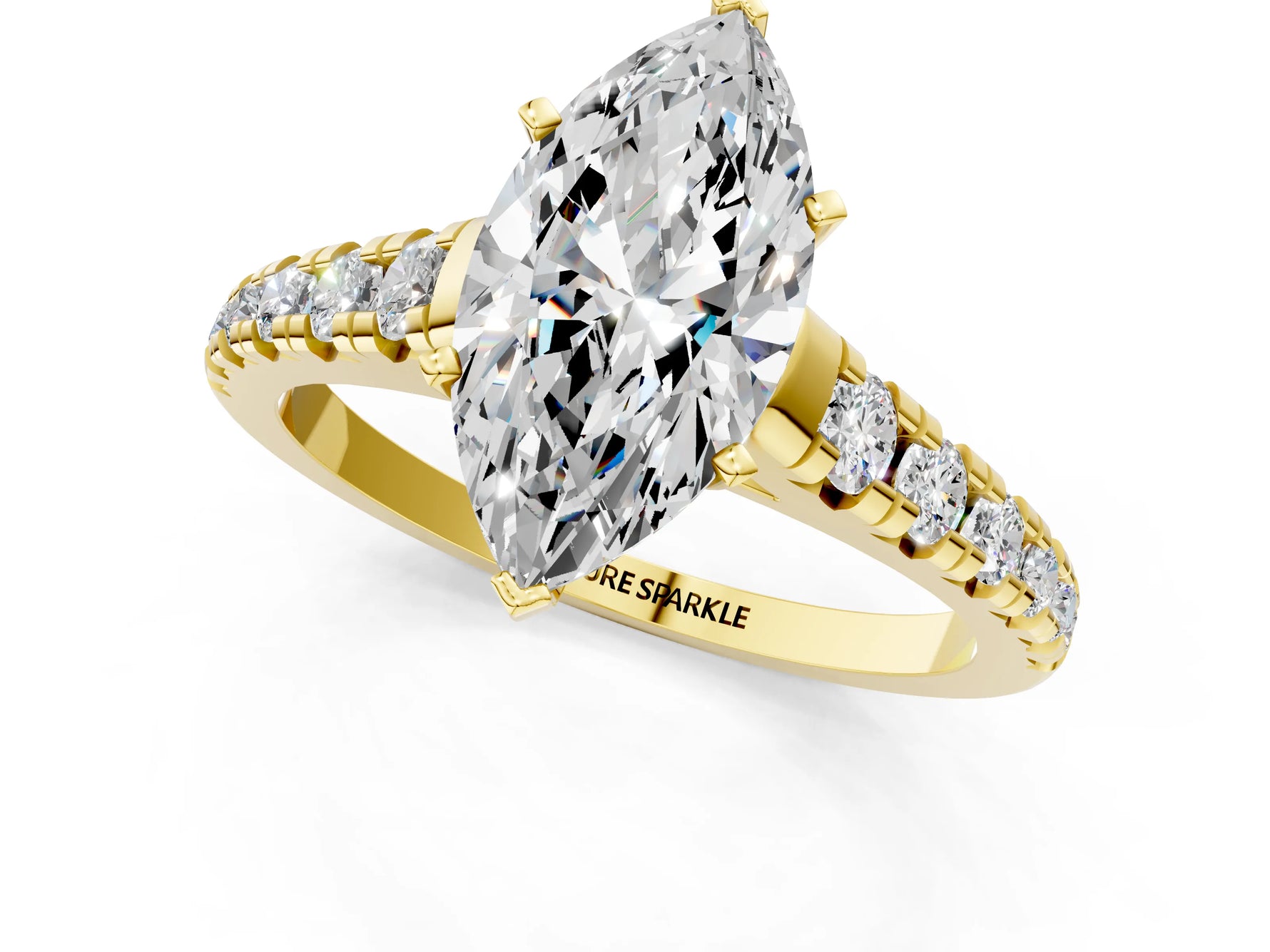 Marquise Cut Diamond Vintage Scroll Solitaire Ring in Yellow gold with Graduated Round Side Stones_25