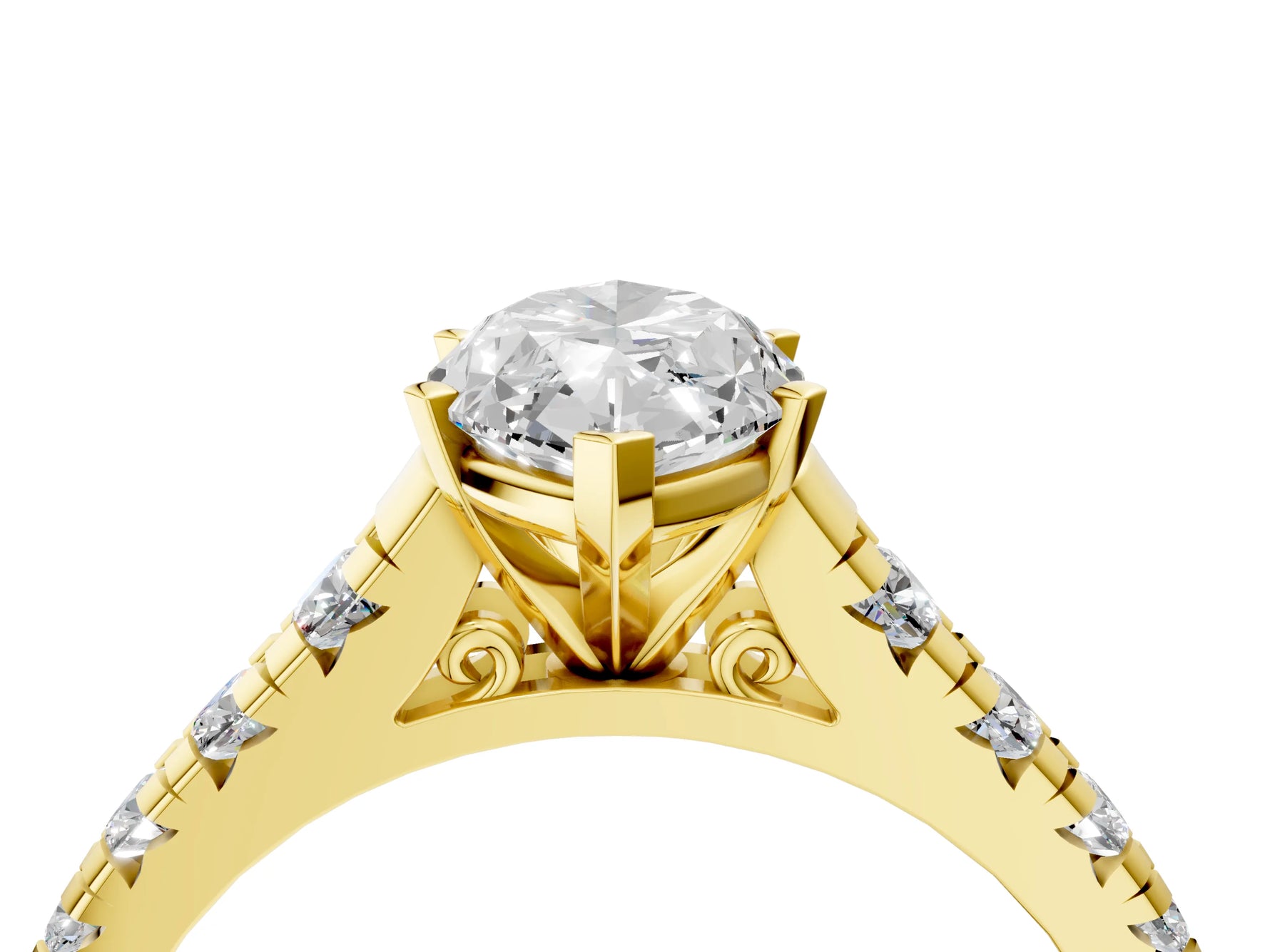 Marquise Cut Diamond Vintage Scroll Solitaire Ring in Yellow gold with Graduated Round Side Stones_28