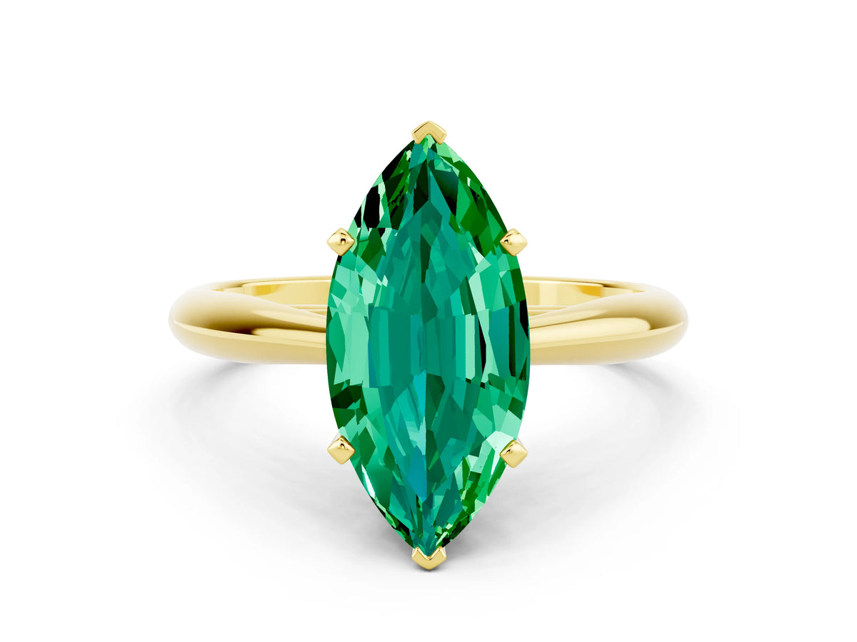Marquise Cut Emerald Cathedral Solitaire Engagement Ring in Yellow gold with Prong Setting
