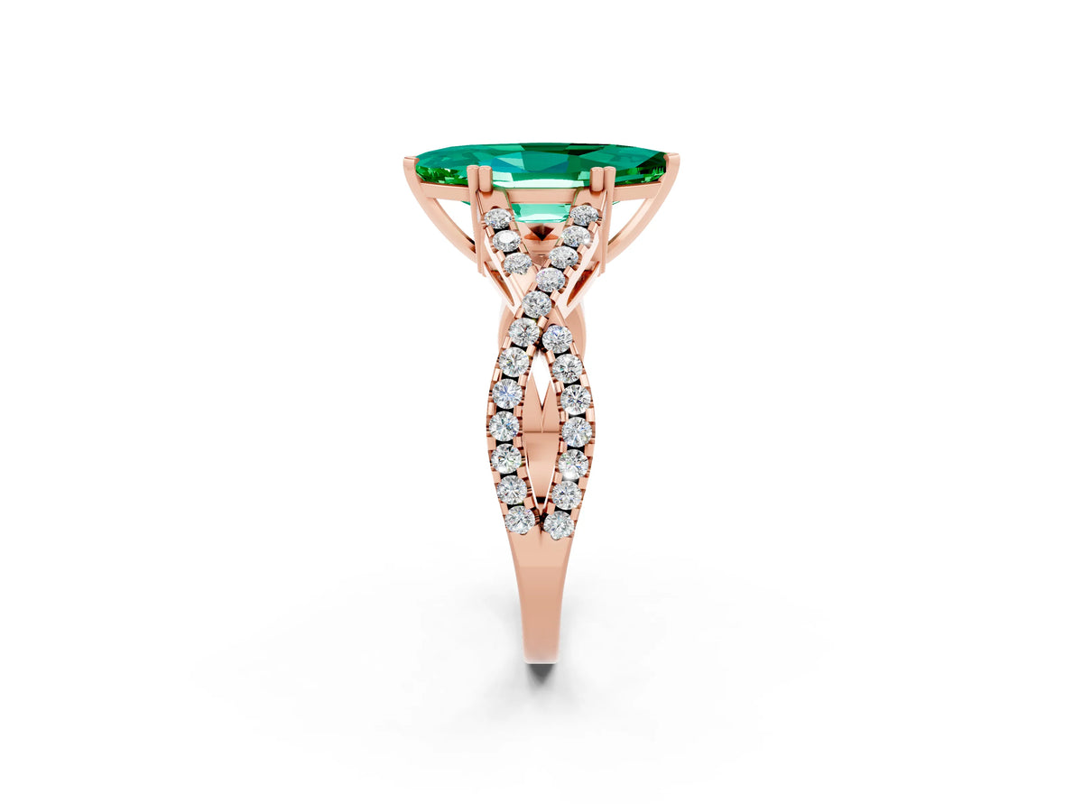 Marquise Cut Emerald Solitaire Ring in Rose gold with Interwoven Pavé Band and Prong Setting_2