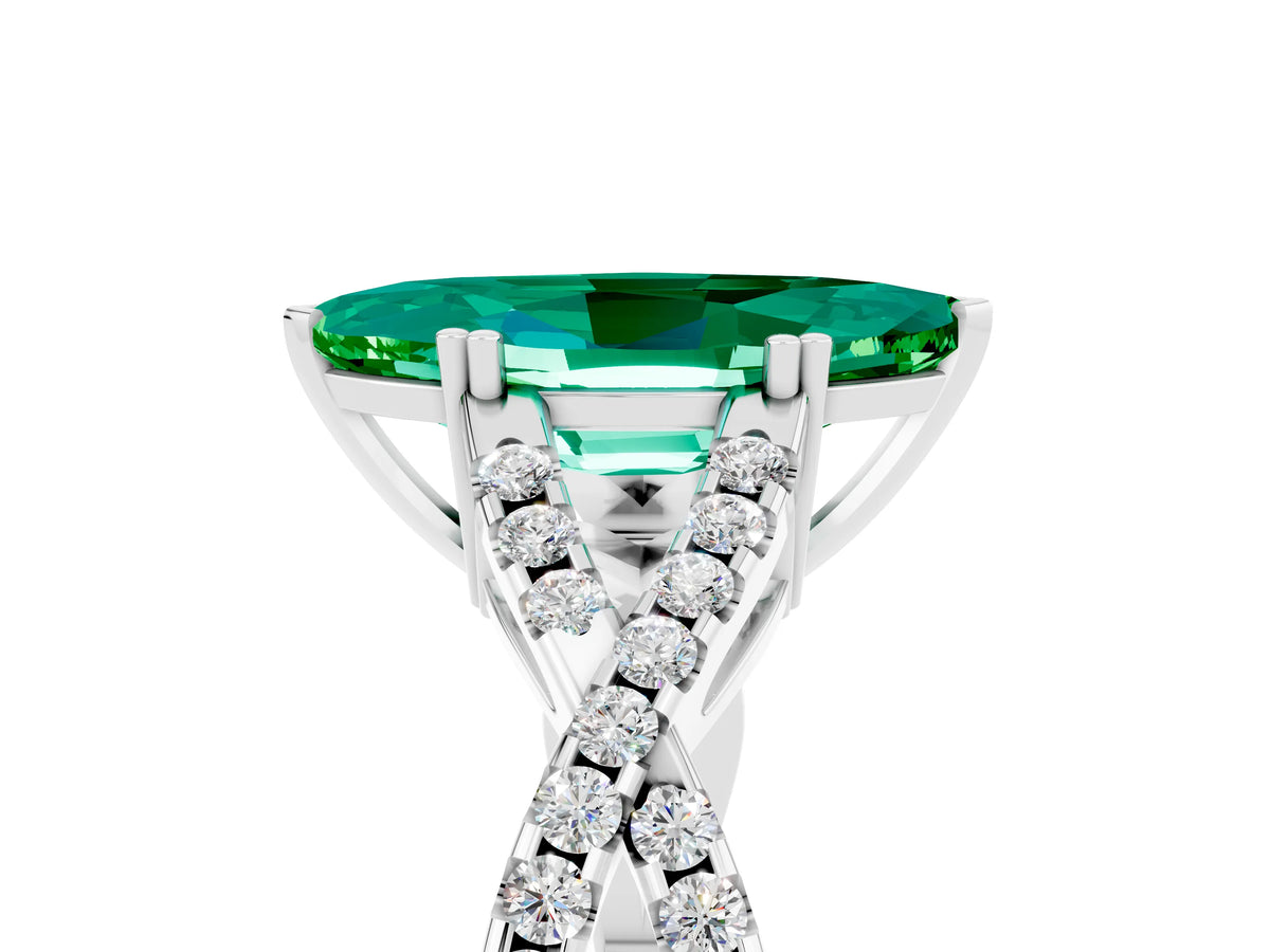 Marquise Cut Emerald Solitaire Ring in Silver with Interwoven Pavé Band and Prong Setting_11