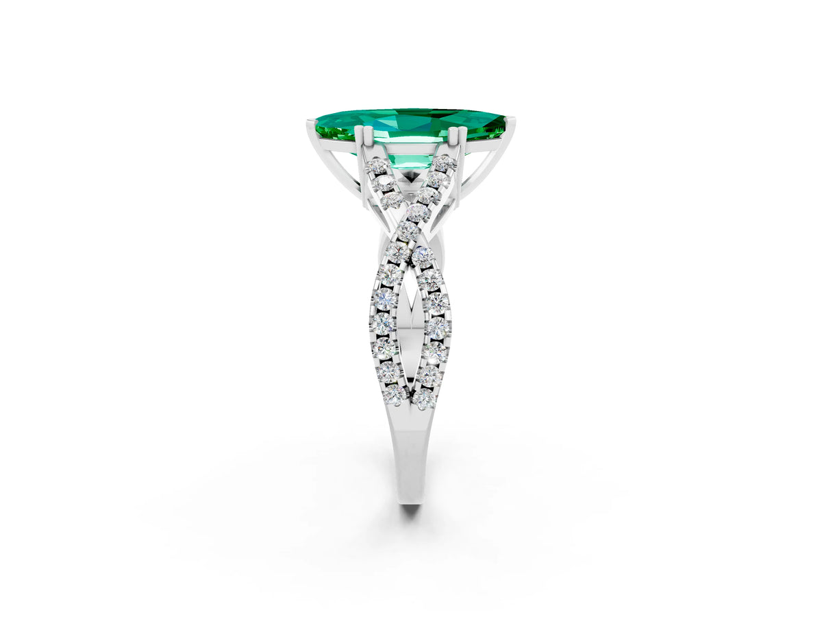Marquise Cut Emerald Solitaire Ring in White gold with Interwoven Pavé Band and Prong Setting_2