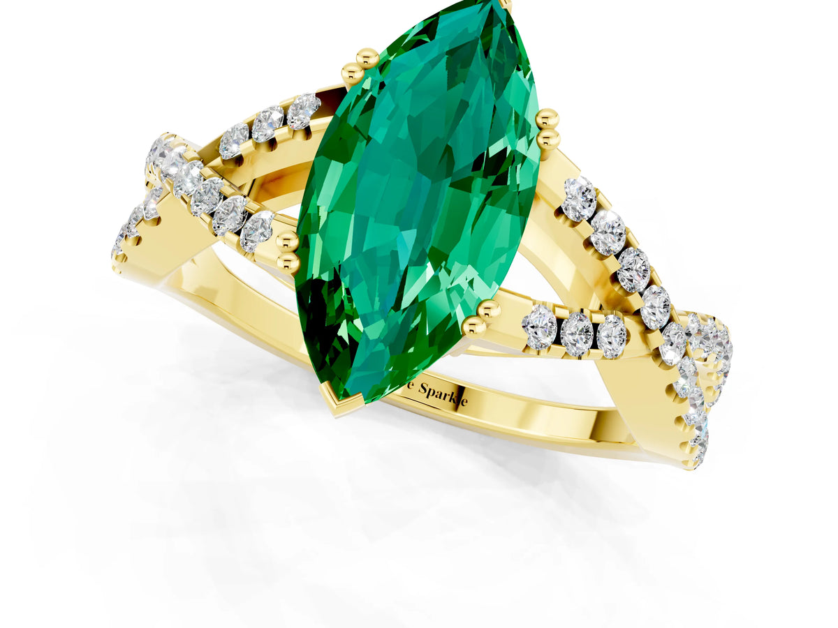 Marquise Cut Emerald Solitaire Ring in Yellow gold with Interwoven Pavé Band and Prong Setting_1