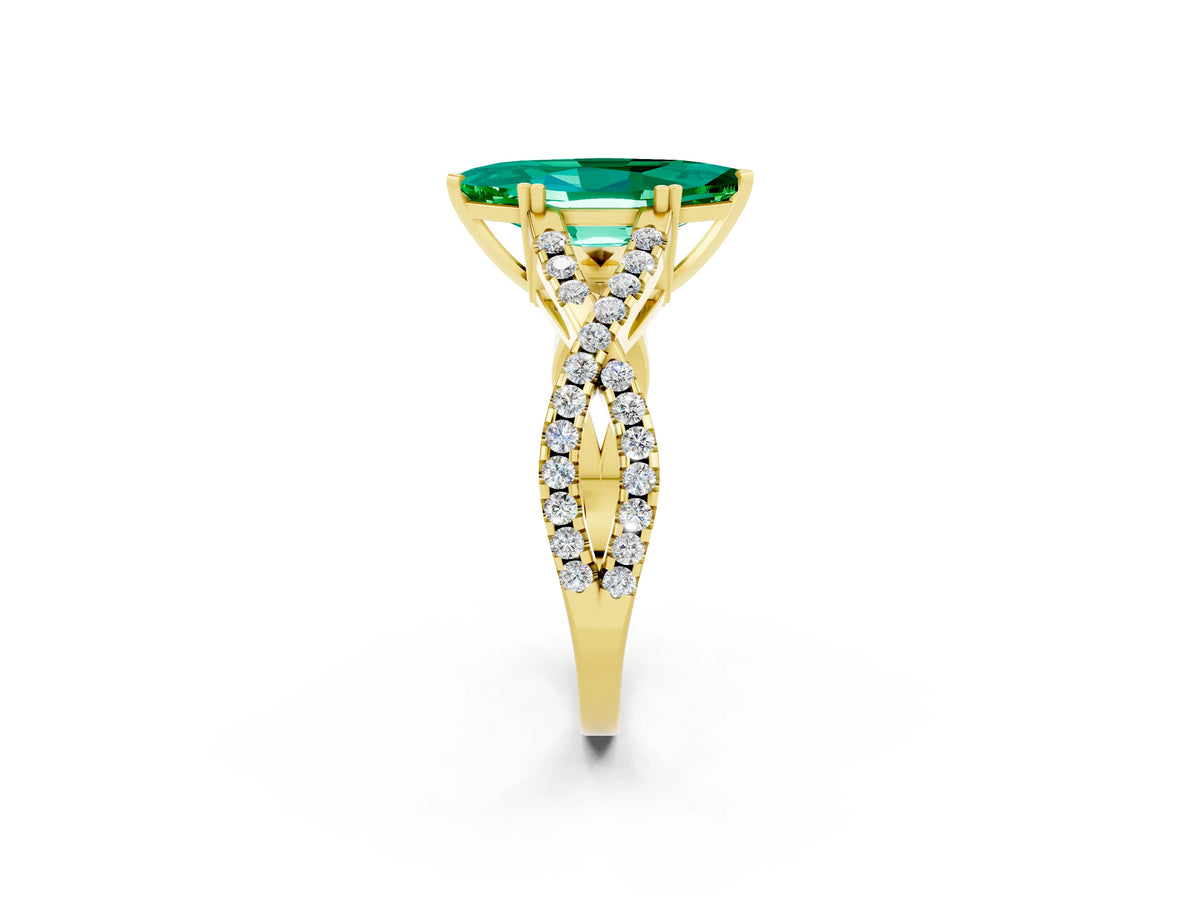 Marquise Cut Emerald Solitaire Ring in Yellow gold with Interwoven Pavé Band and Prong Setting_2