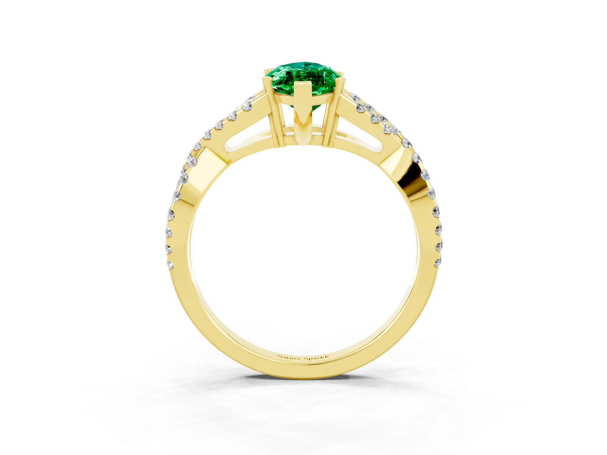 Marquise Cut Emerald Solitaire Ring in Yellow gold with Interwoven Pavé Band and Prong Setting_3