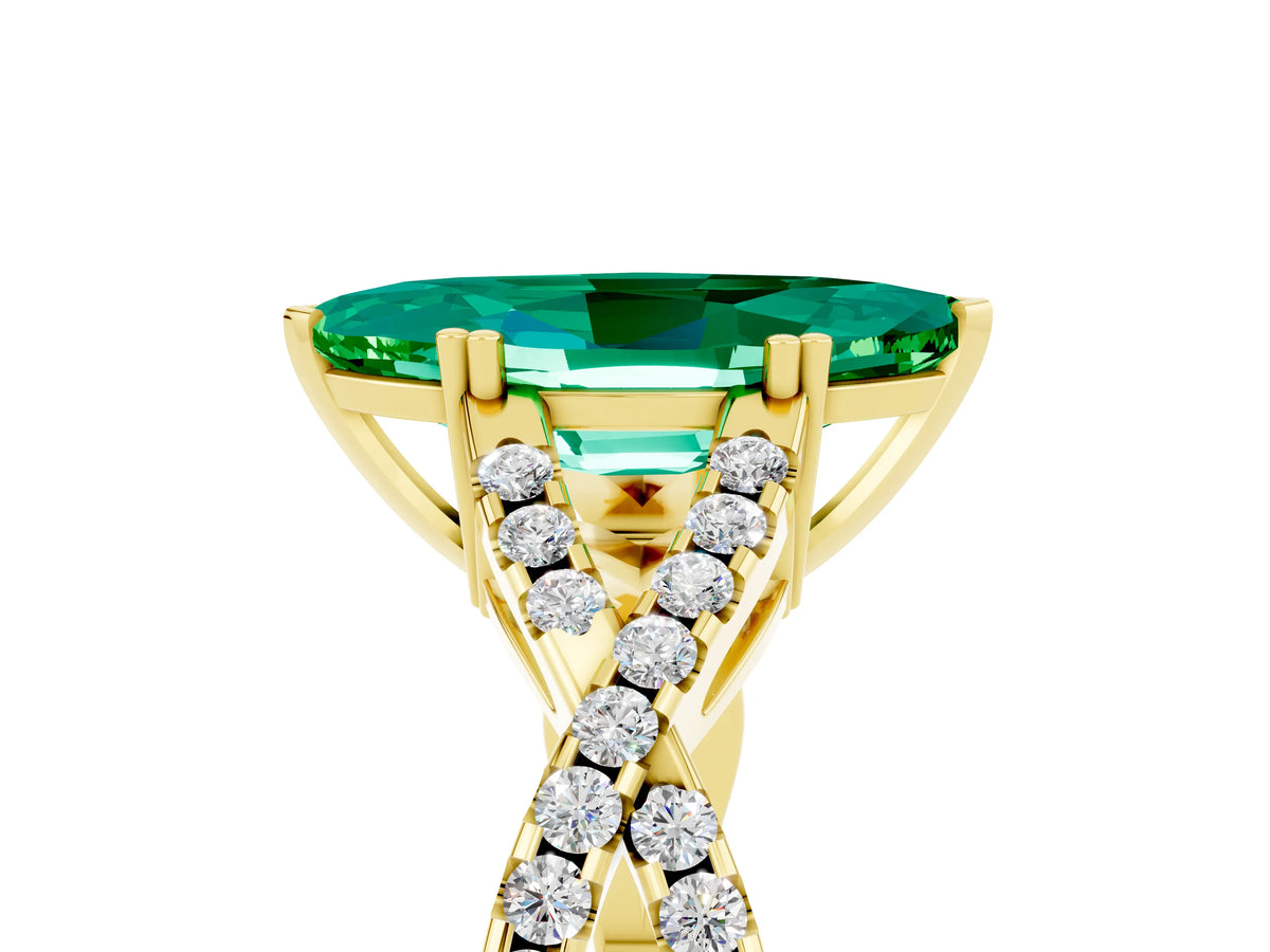 Marquise Cut Emerald Solitaire Ring in Yellow gold with Interwoven Pavé Band and Prong Setting_5