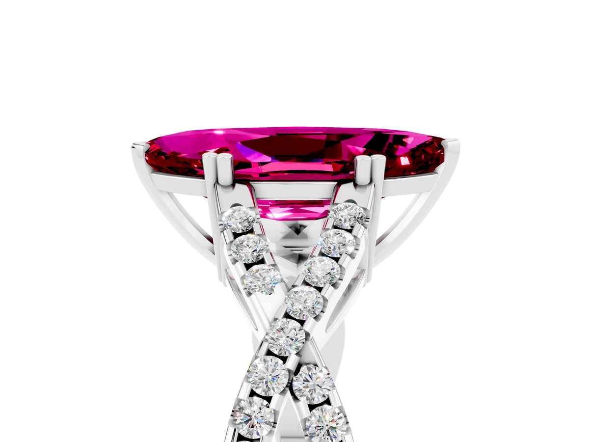 Marquise Cut Garnet Solitaire Ring in Platinum with Interwoven Pavé Band and Prong Setting_11