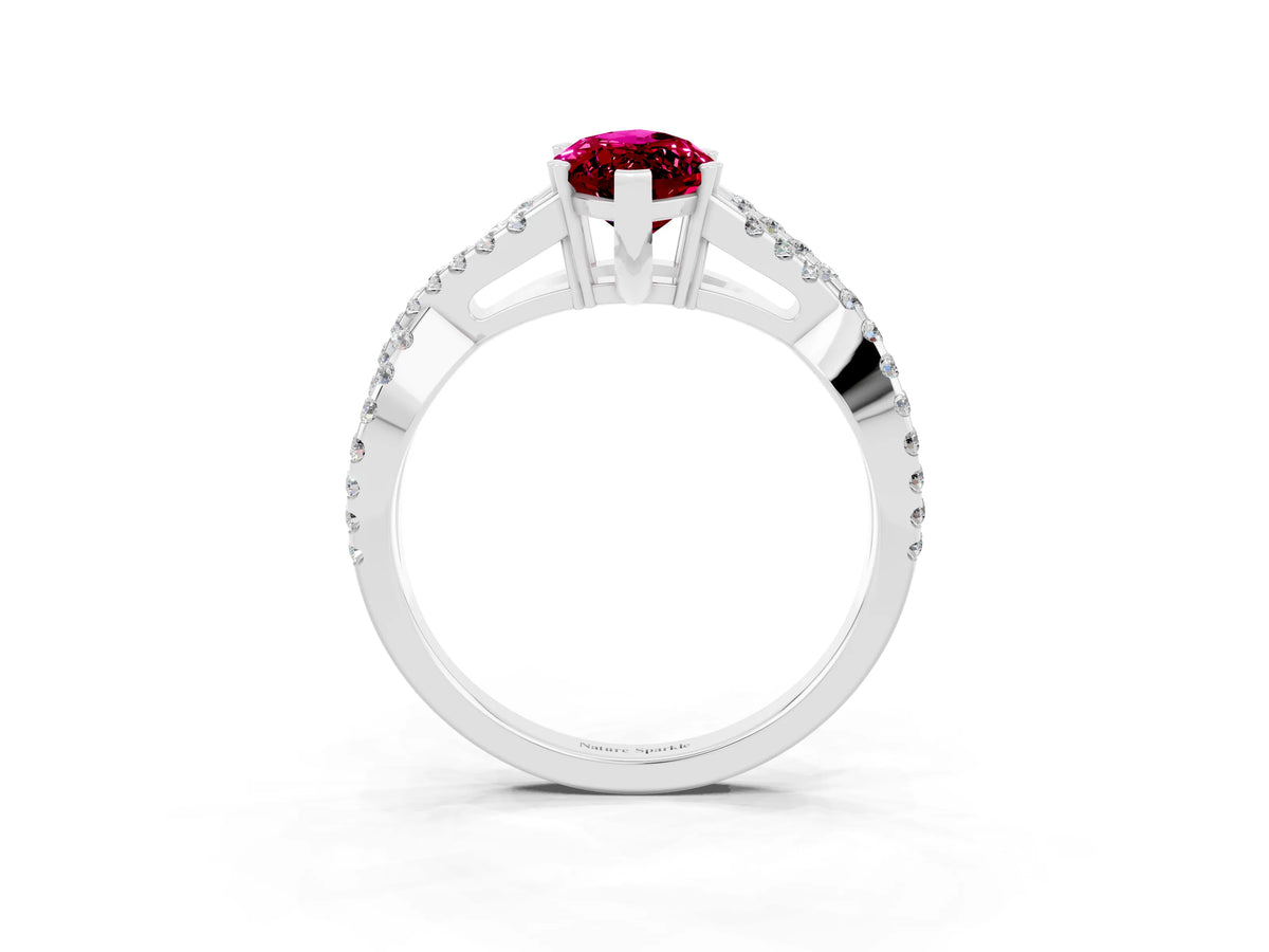 Marquise Cut Garnet Solitaire Ring in Platinum with Interwoven Pavé Band and Prong Setting_9