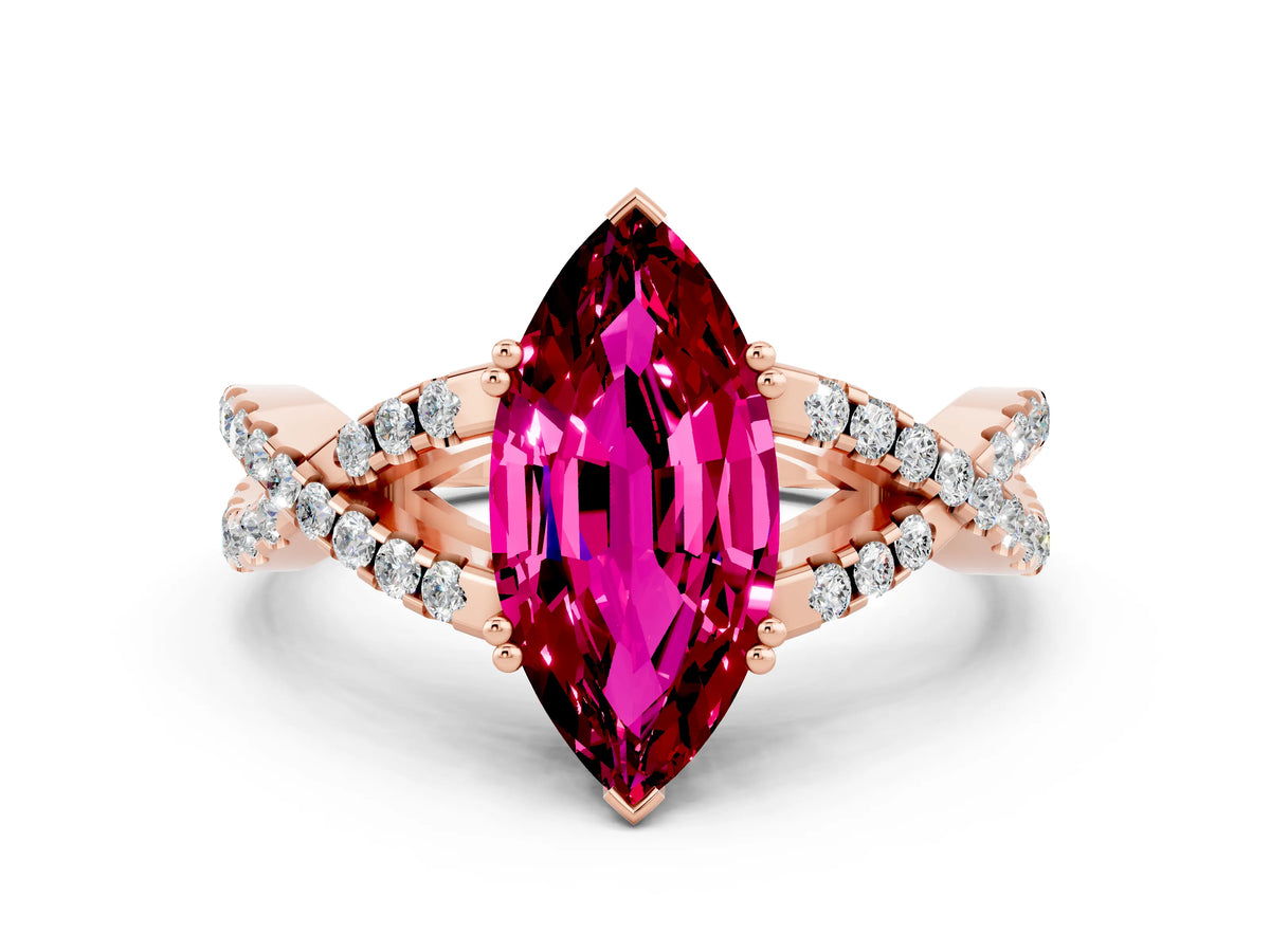 Marquise Cut Garnet Solitaire Ring in Rose gold with Interwoven Pavé Band and Prong Setting