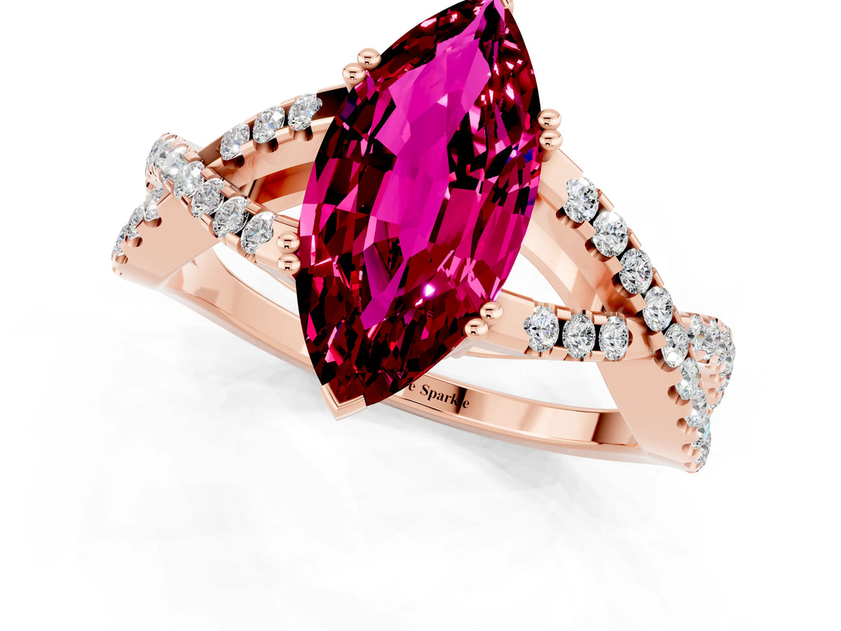 Marquise Cut Garnet Solitaire Ring in Rose gold with Interwoven Pavé Band and Prong Setting_1