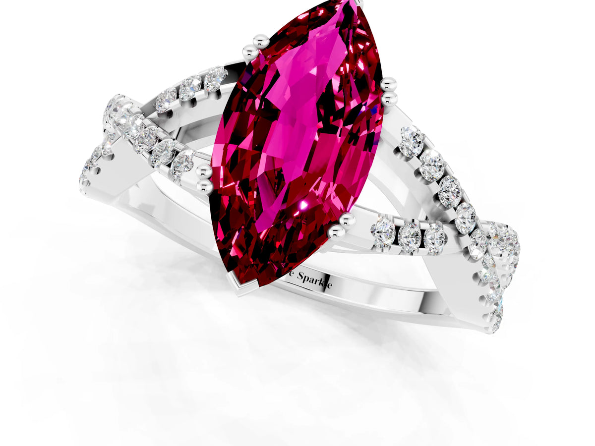 Marquise Cut Garnet Solitaire Ring in White gold with Interwoven Pavé Band and Prong Setting_1