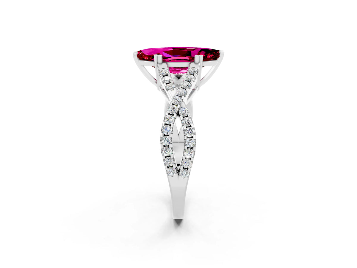 Marquise Cut Garnet Solitaire Ring in White gold with Interwoven Pavé Band and Prong Setting_2