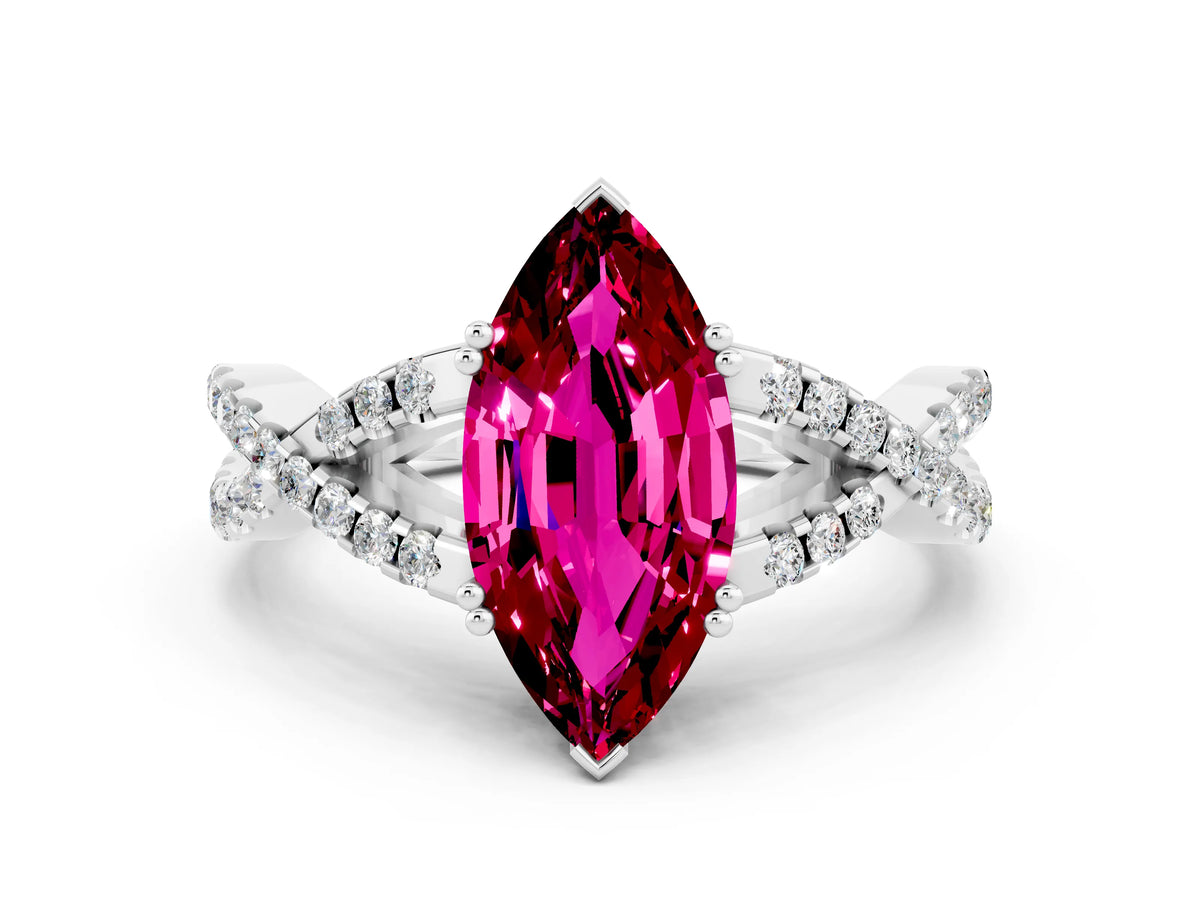Marquise Cut Garnet Solitaire Ring in White gold with Interwoven Pavé Band and Prong Setting