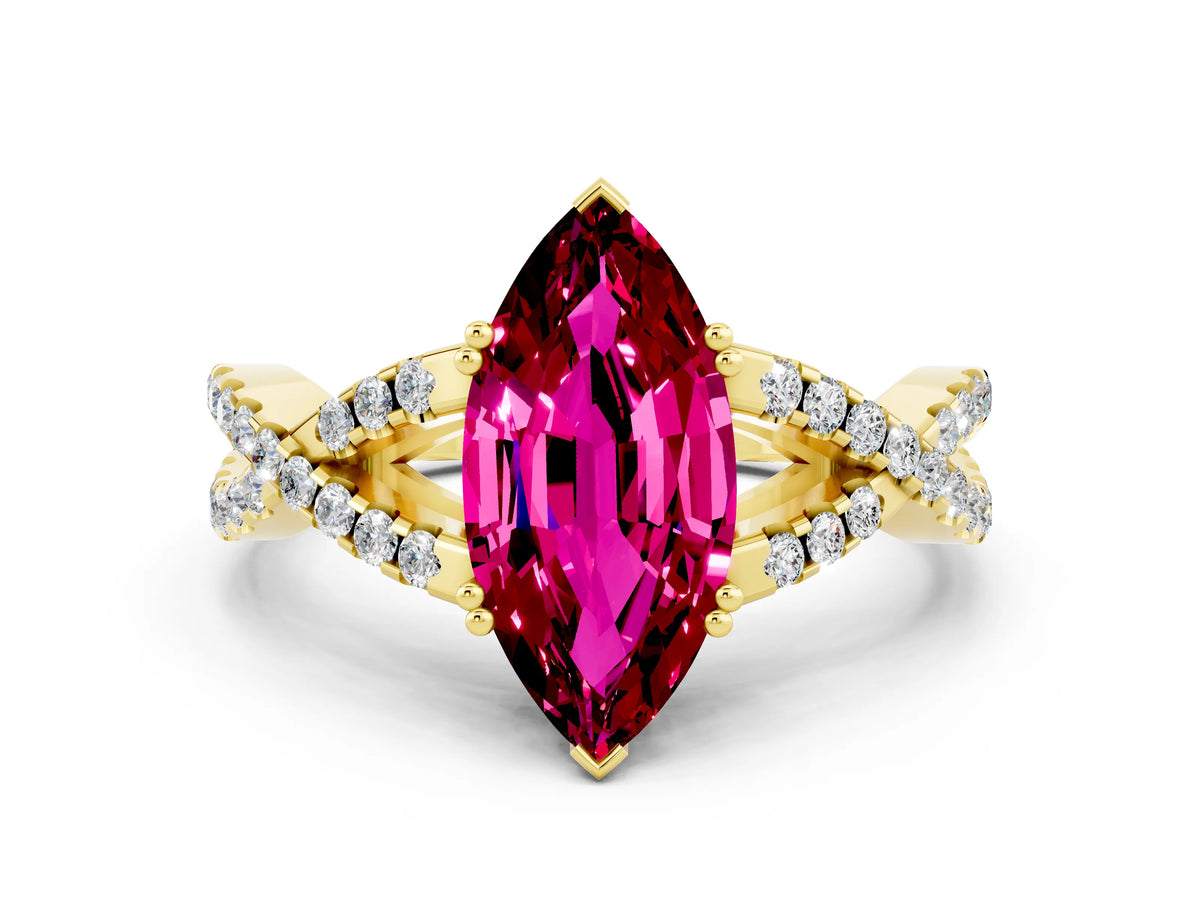 Marquise Cut Garnet Solitaire Ring in Yellow gold with Interwoven Pavé Band and Prong Setting