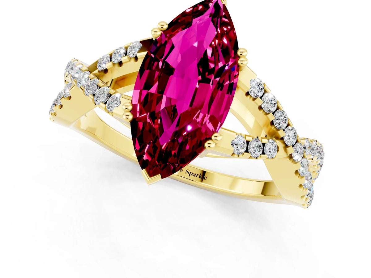 Marquise Cut Garnet Solitaire Ring in Yellow gold with Interwoven Pavé Band and Prong Setting_1