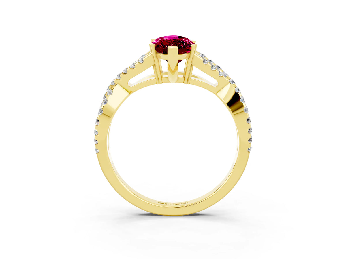 Marquise Cut Garnet Solitaire Ring in Yellow gold with Interwoven Pavé Band and Prong Setting_3