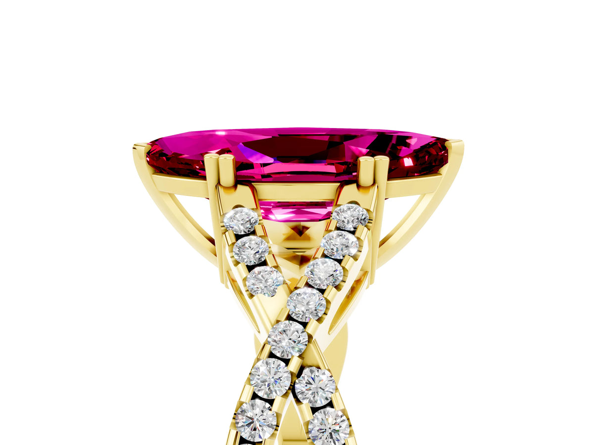 Marquise Cut Garnet Solitaire Ring in Yellow gold with Interwoven Pavé Band and Prong Setting_5
