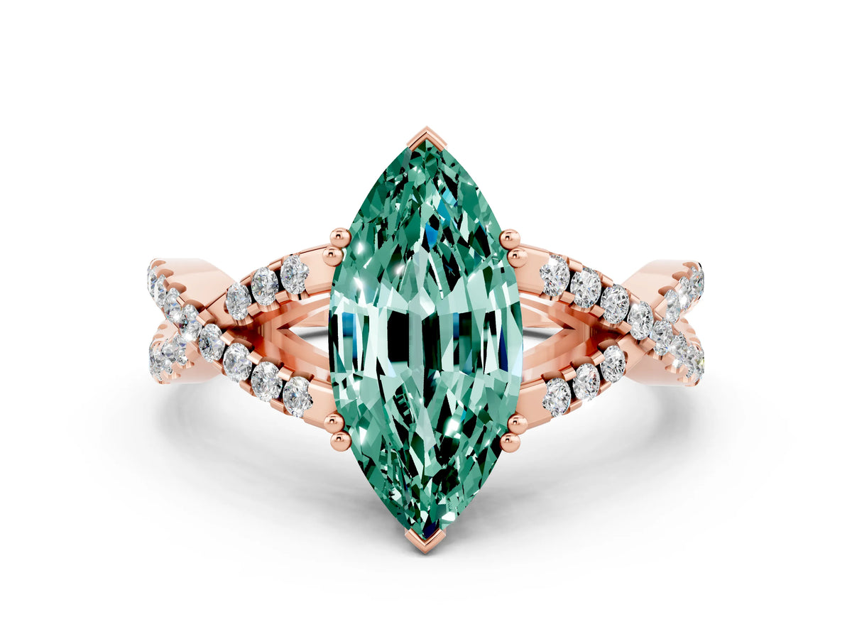 Marquise Cut Green Sapphire Solitaire Ring in Rose gold with Interwoven Pavé Band and Prong Setting