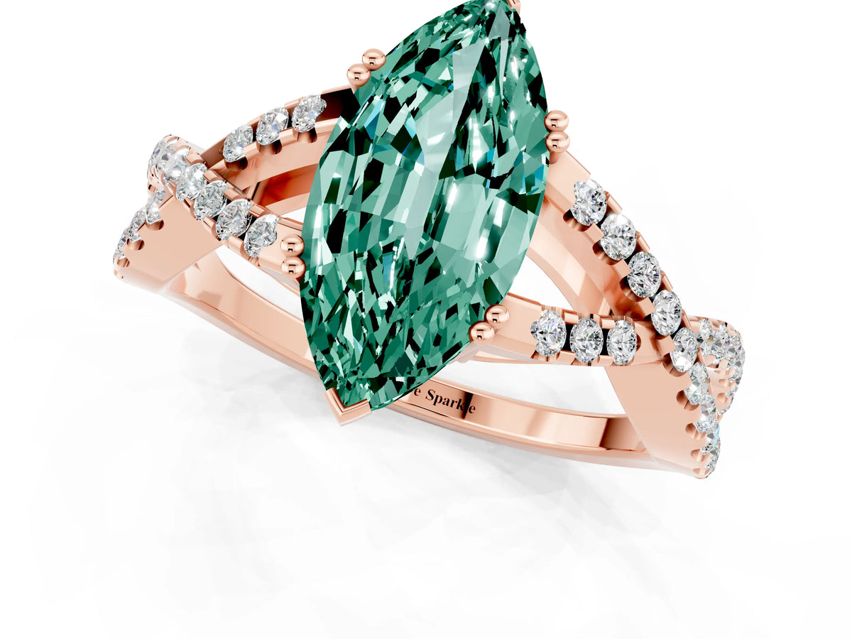 Marquise Cut Green Sapphire Solitaire Ring in Rose gold with Interwoven Pavé Band and Prong Setting_1