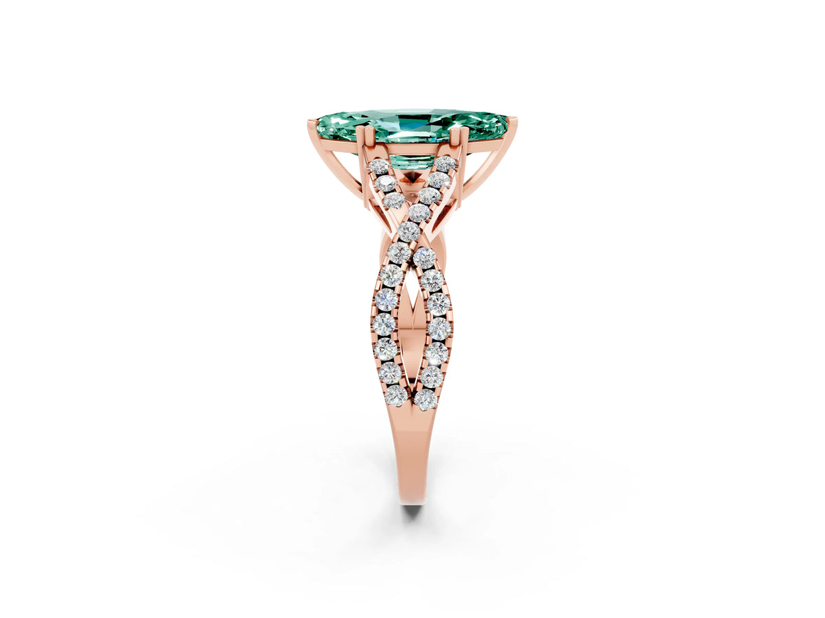 Marquise Cut Green Sapphire Solitaire Ring in Rose gold with Interwoven Pavé Band and Prong Setting_2