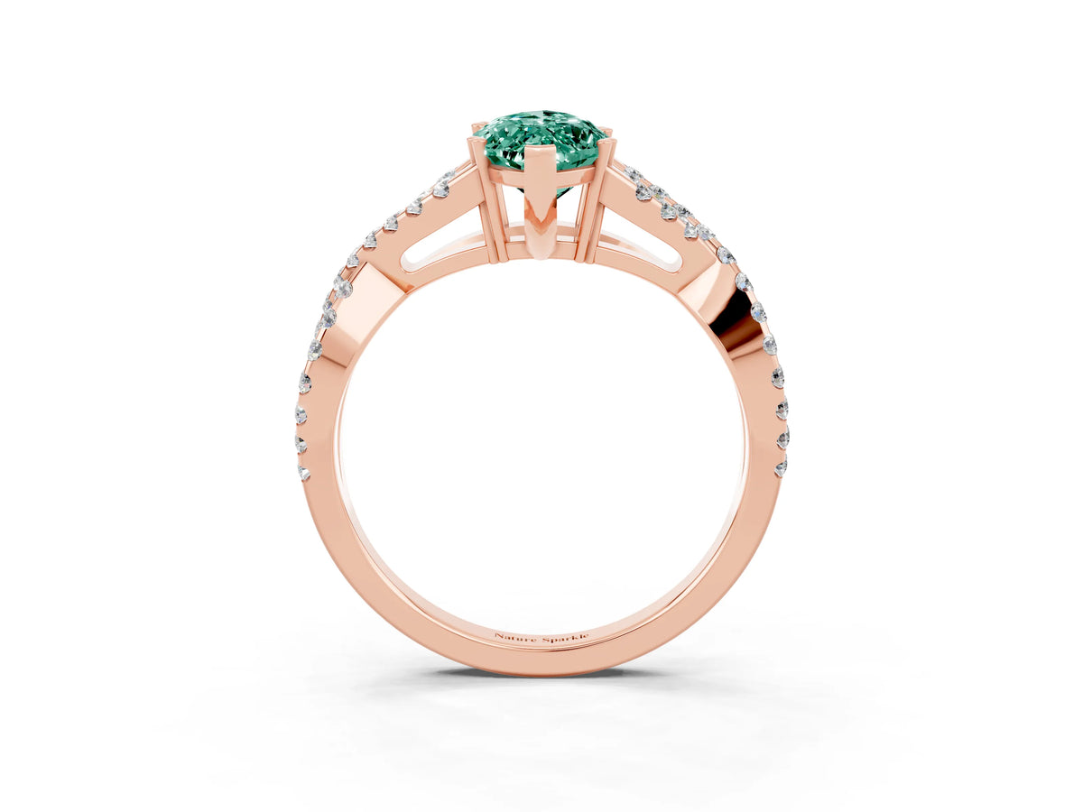 Marquise Cut Green Sapphire Solitaire Ring in Rose gold with Interwoven Pavé Band and Prong Setting_3