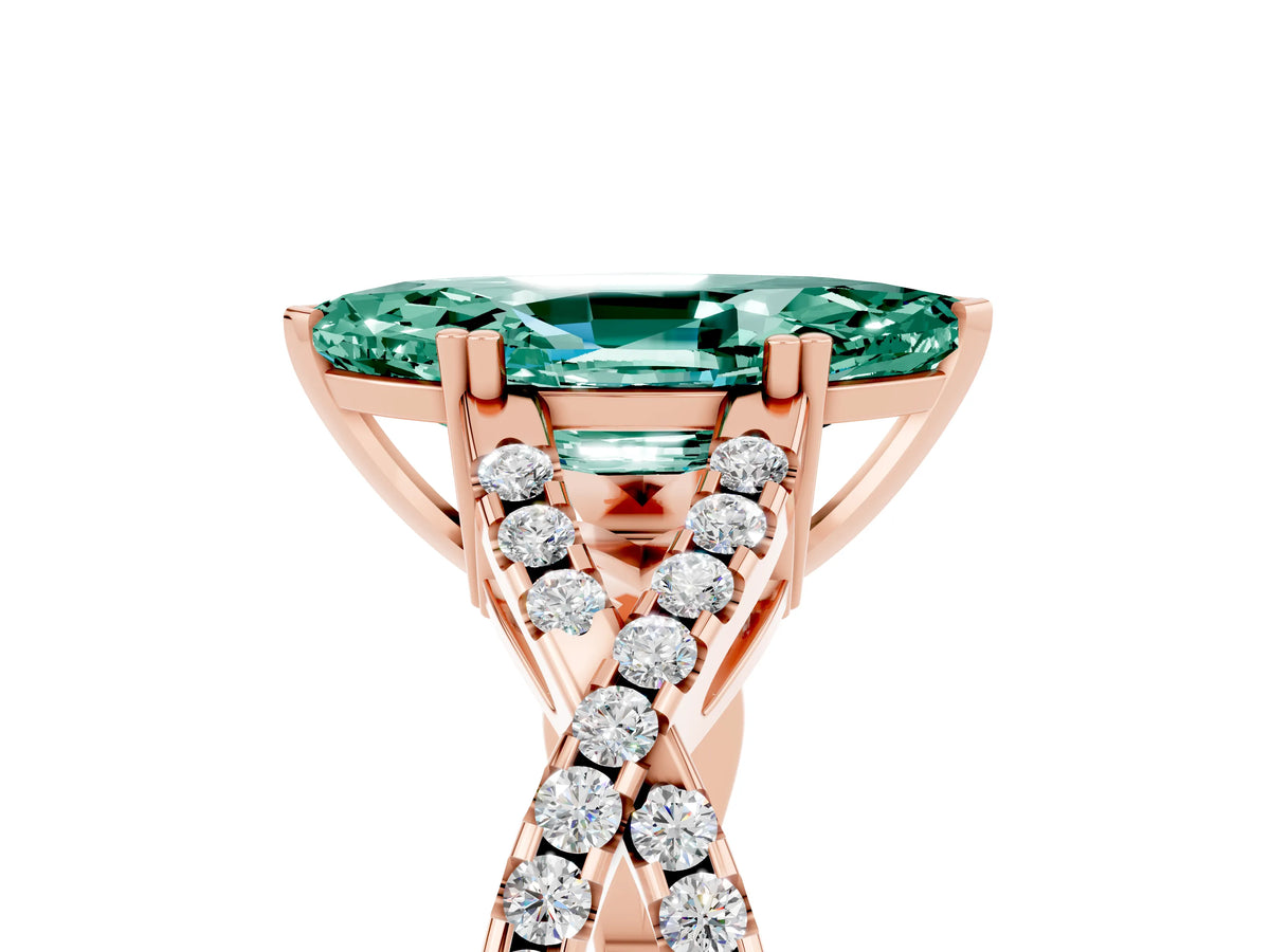 Marquise Cut Green Sapphire Solitaire Ring in Rose gold with Interwoven Pavé Band and Prong Setting_5
