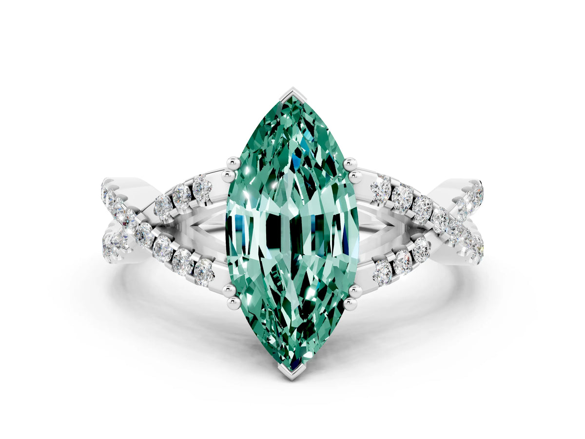 Marquise Cut Green Sapphire Solitaire Ring in White gold with Interwoven Pavé Band and Prong Setting
