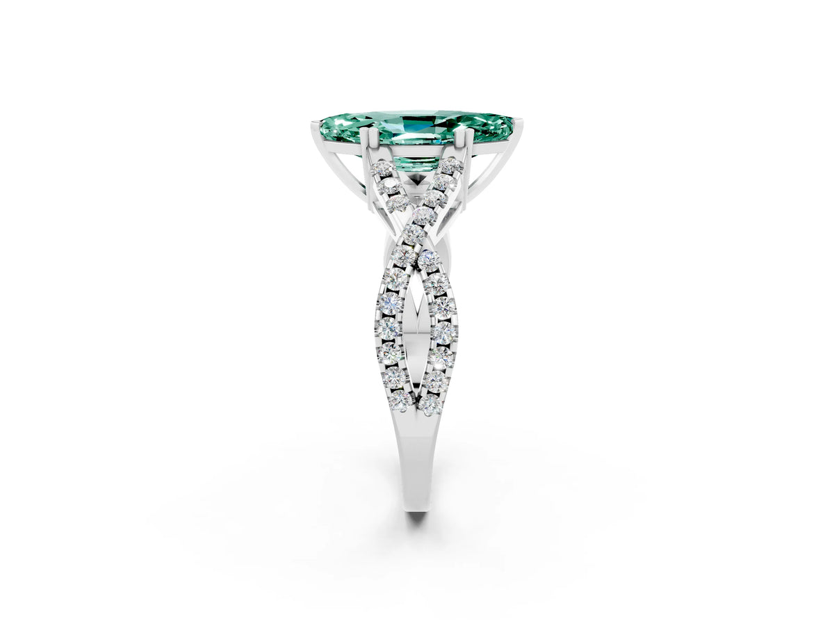 Marquise Cut Green Sapphire Solitaire Ring in White gold with Interwoven Pavé Band and Prong Setting_2