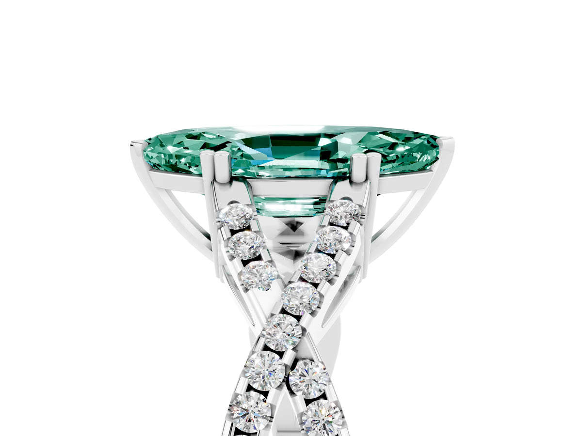 Marquise Cut Green Sapphire Solitaire Ring in White gold with Interwoven Pavé Band and Prong Setting_5