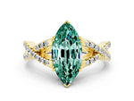 Marquise Cut Green Sapphire Solitaire Ring in Yellow gold with Interwoven Pavé Band and Prong Setting