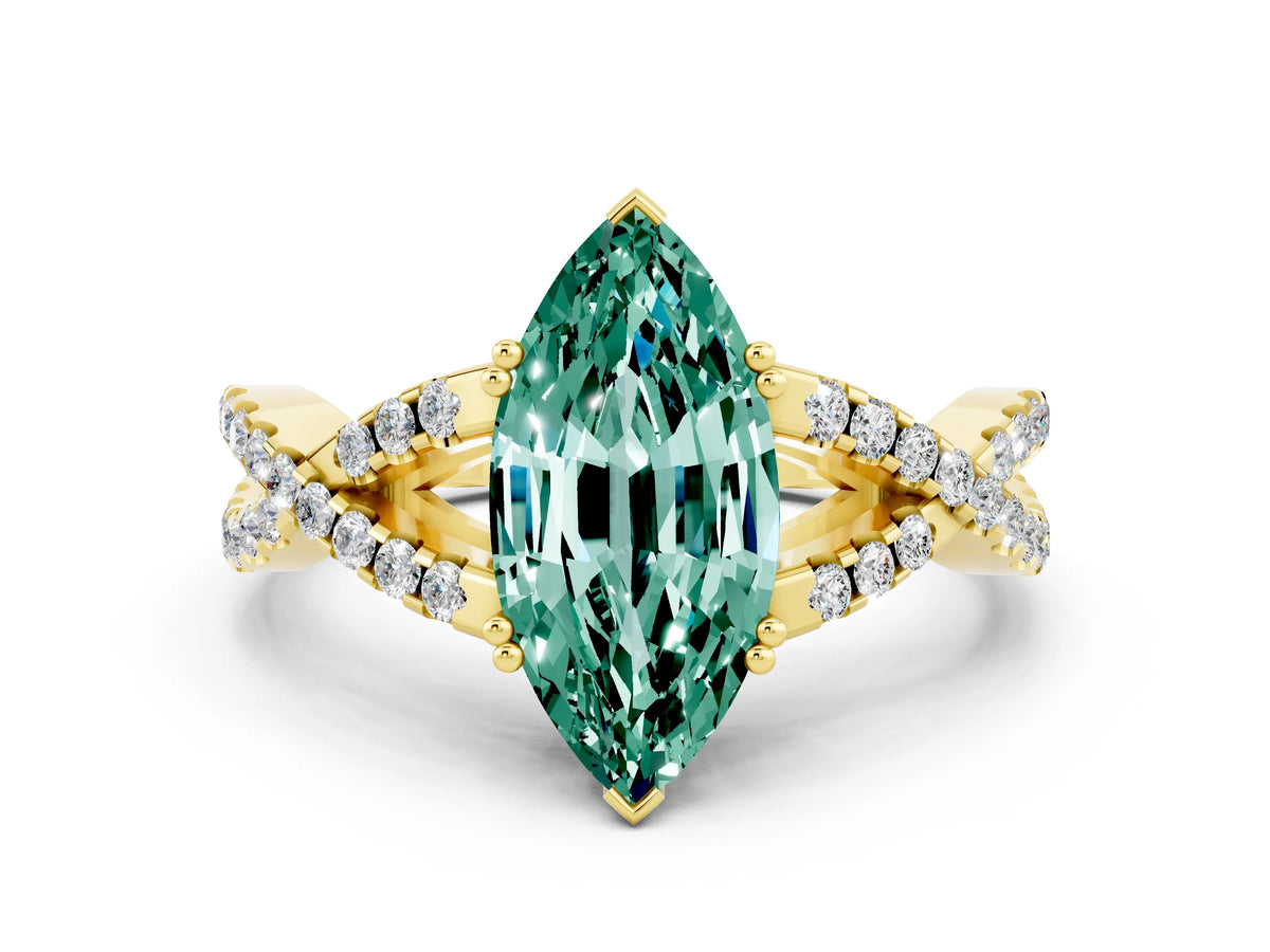 Marquise Cut Green Sapphire Solitaire Ring in Yellow gold with Interwoven Pavé Band and Prong Setting