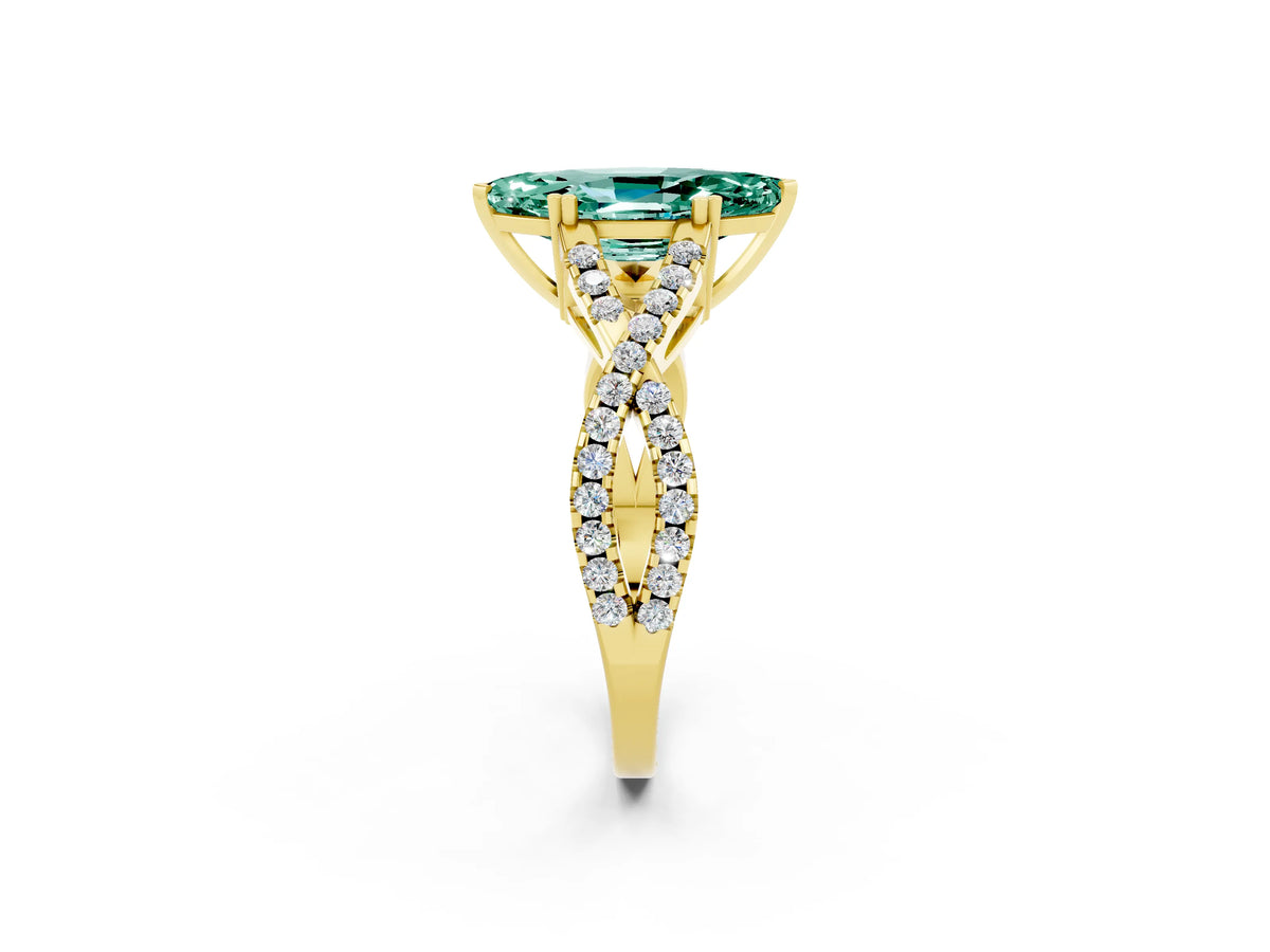 Marquise Cut Green Sapphire Solitaire Ring in Yellow gold with Interwoven Pavé Band and Prong Setting_2