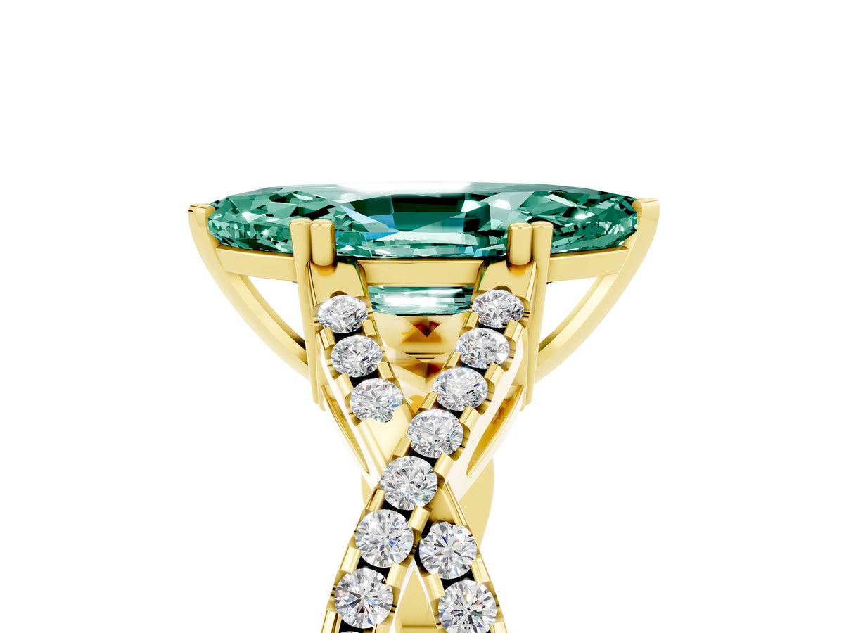 Marquise Cut Green Sapphire Solitaire Ring in Yellow gold with Interwoven Pavé Band and Prong Setting_5