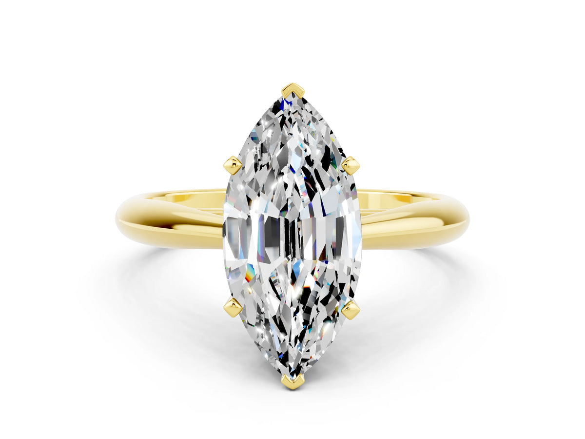 Marquise Cut Moissanite Cathedral Solitaire Engagement Ring in Yellow gold with Prong Setting