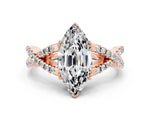 Marquise Cut Moissanite Solitaire Ring in Rose gold with Interwoven Pavé Band and Prong Setting