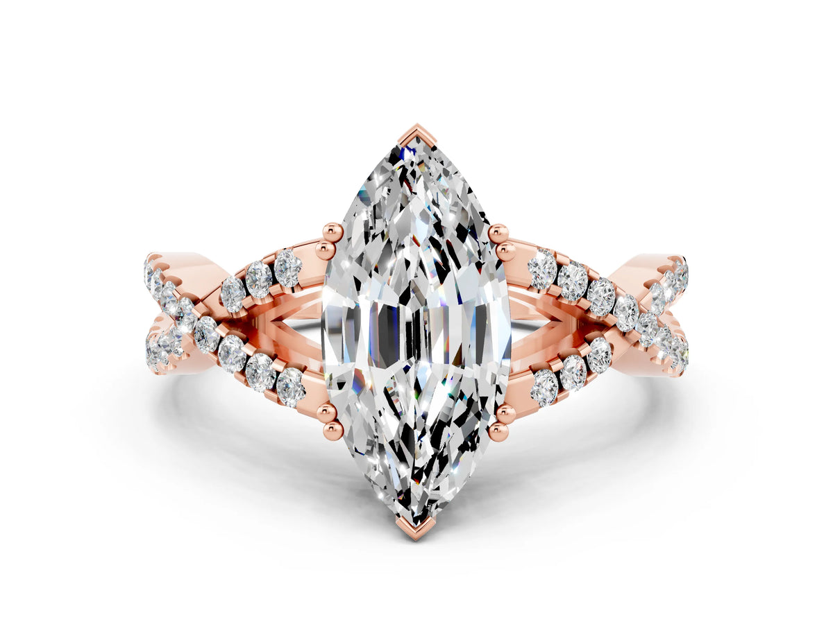 Marquise Cut Moissanite Solitaire Ring in Rose gold with Interwoven Pavé Band and Prong Setting