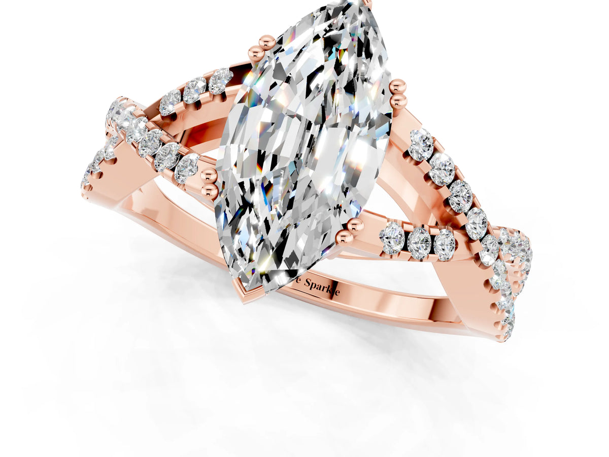Marquise Cut Moissanite Solitaire Ring in Rose gold with Interwoven Pavé Band and Prong Setting_1