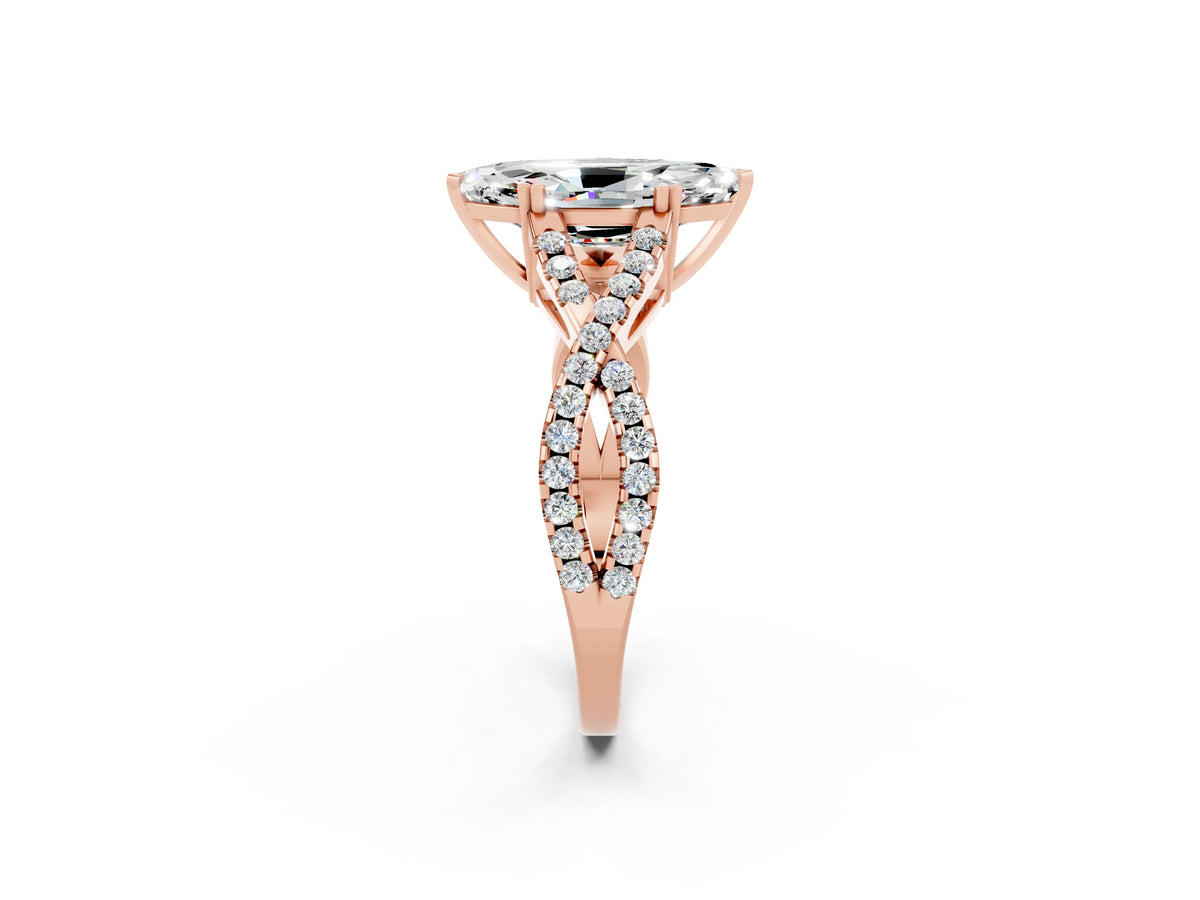 Marquise Cut Moissanite Solitaire Ring in Rose gold with Interwoven Pavé Band and Prong Setting_2