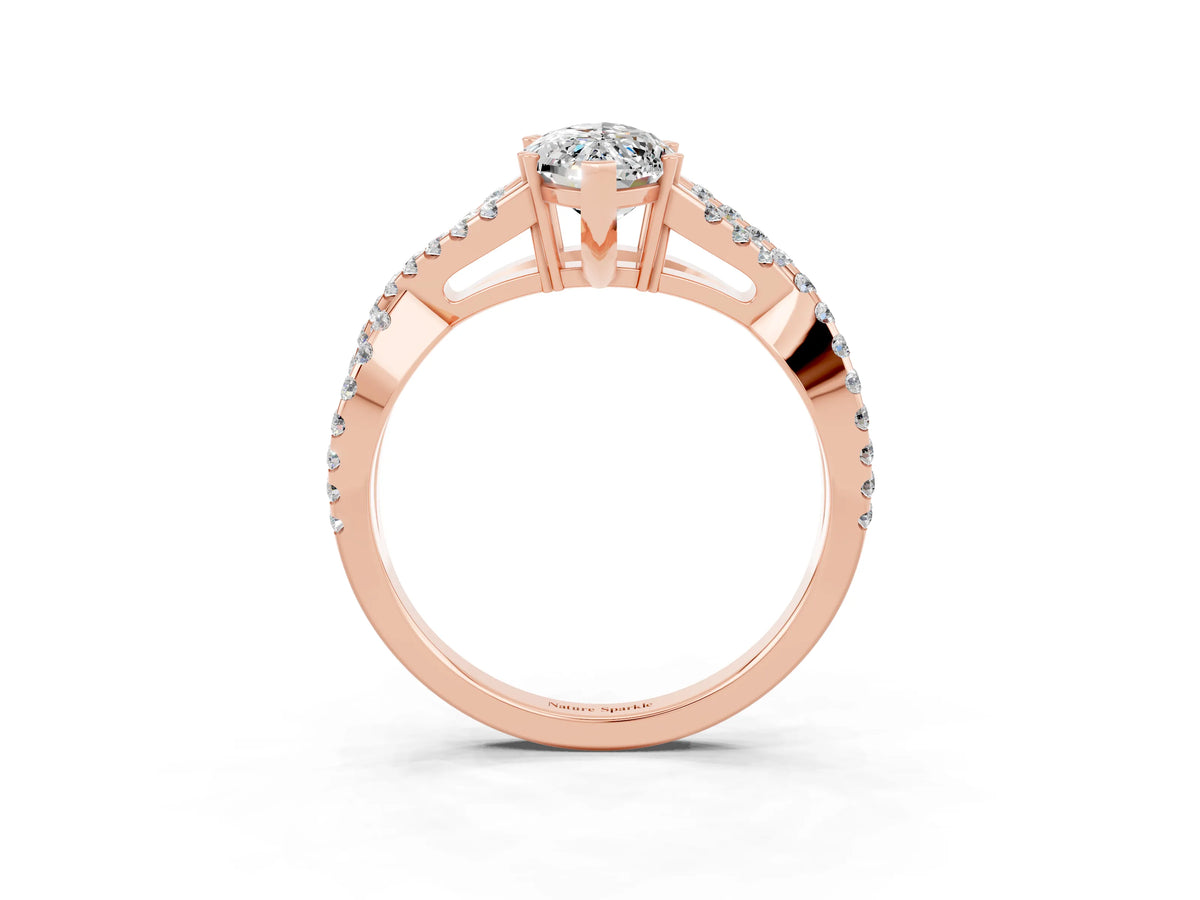 Marquise Cut Moissanite Solitaire Ring in Rose gold with Interwoven Pavé Band and Prong Setting_3