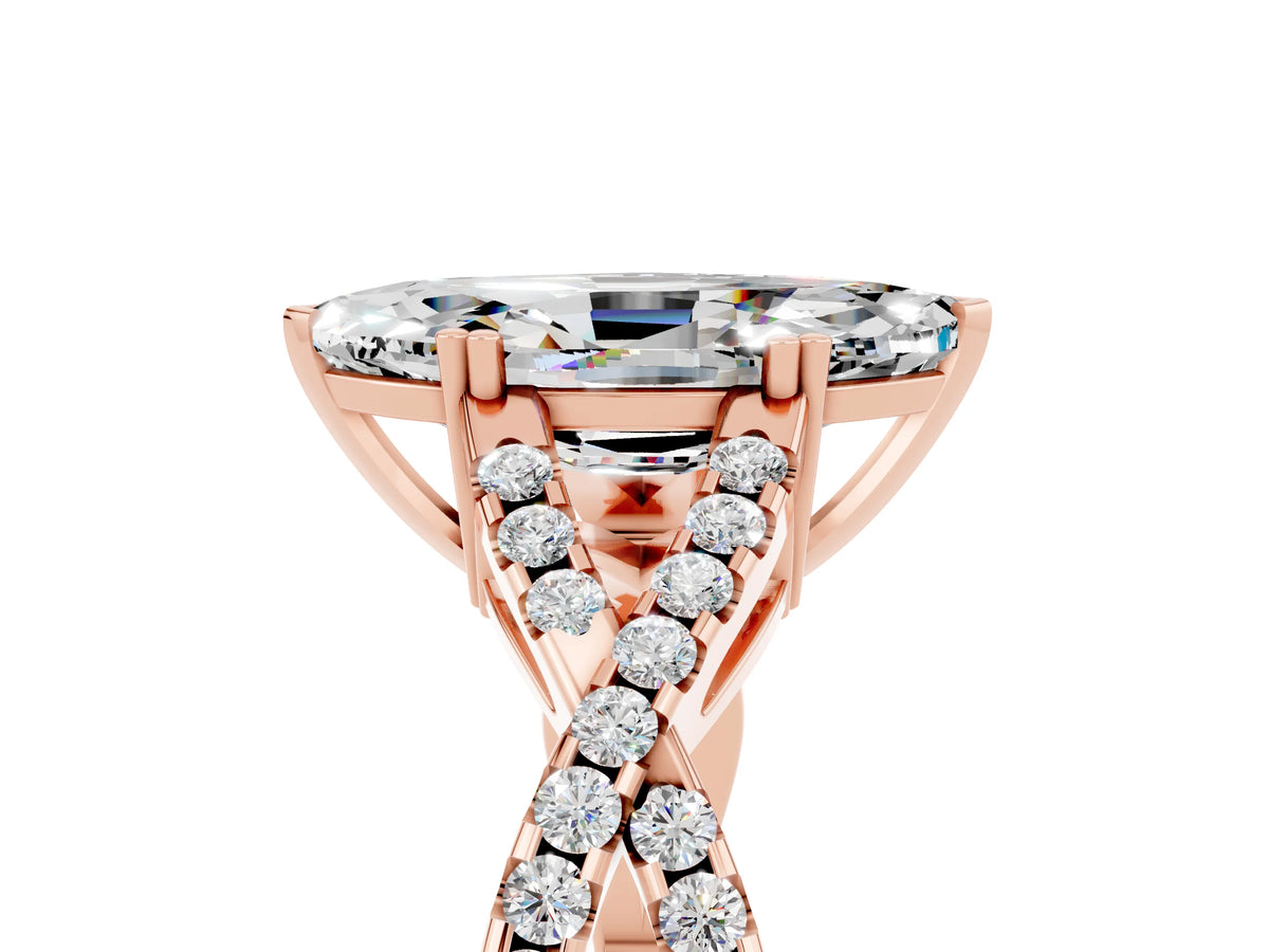 Marquise Cut Moissanite Solitaire Ring in Rose gold with Interwoven Pavé Band and Prong Setting_5