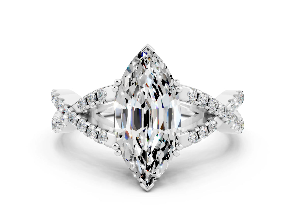 Marquise Cut Moissanite Solitaire Ring in White gold with Interwoven Pavé Band and Prong Setting