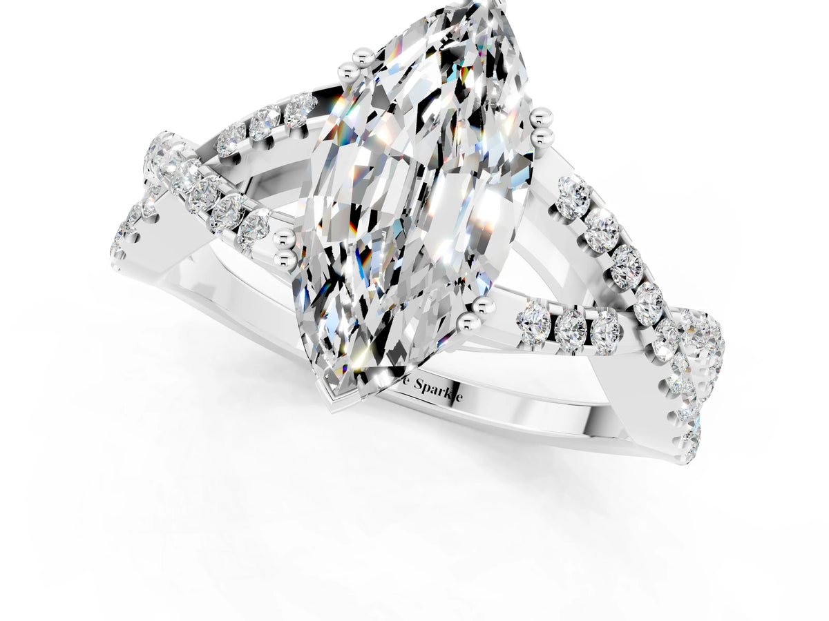 Marquise Cut Moissanite Solitaire Ring in White gold with Interwoven Pavé Band and Prong Setting_1