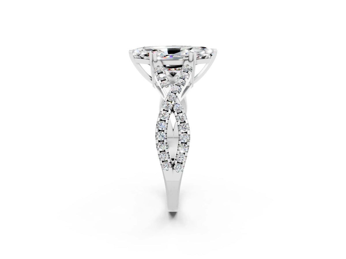 Marquise Cut Moissanite Solitaire Ring in White gold with Interwoven Pavé Band and Prong Setting_2