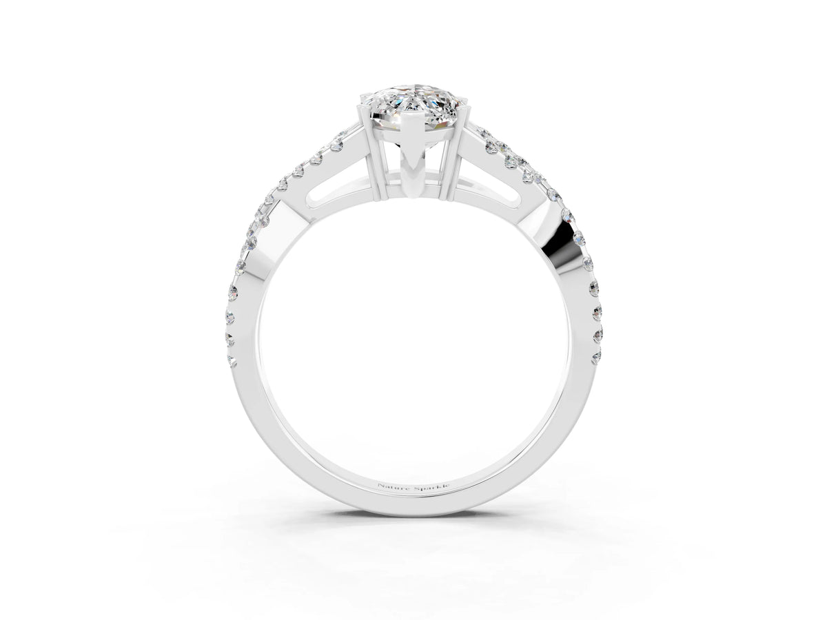 Marquise Cut Moissanite Solitaire Ring in White gold with Interwoven Pavé Band and Prong Setting_3