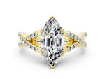 Marquise Cut Moissanite Solitaire Ring in Yellow gold with Interwoven Pavé Band and Prong Setting