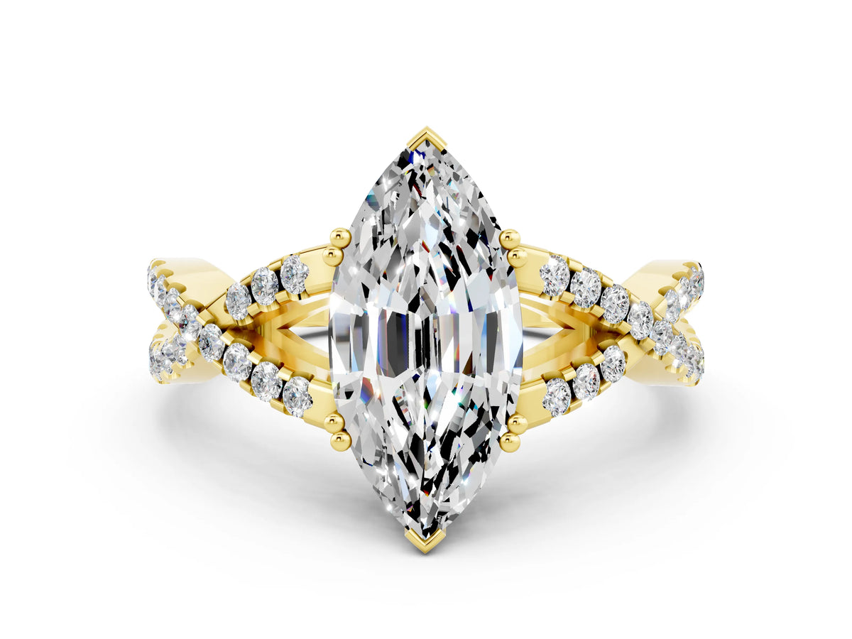 Marquise Cut Moissanite Solitaire Ring in Yellow gold with Interwoven Pavé Band and Prong Setting