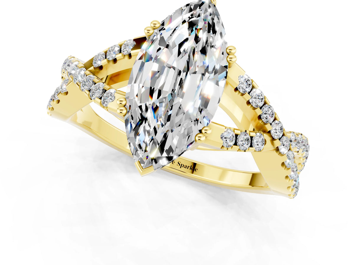 Marquise Cut Moissanite Solitaire Ring in Yellow gold with Interwoven Pavé Band and Prong Setting_1