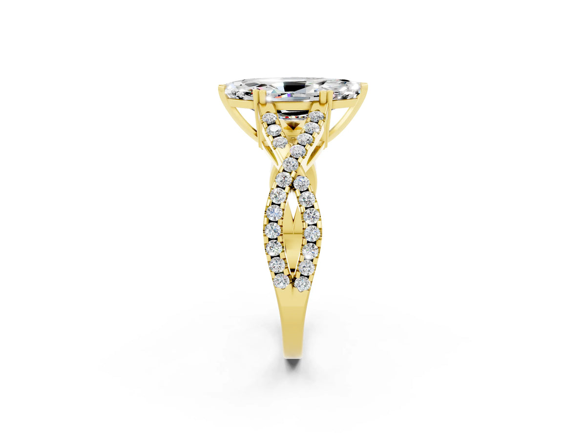 Marquise Cut Moissanite Solitaire Ring in Yellow gold with Interwoven Pavé Band and Prong Setting_2